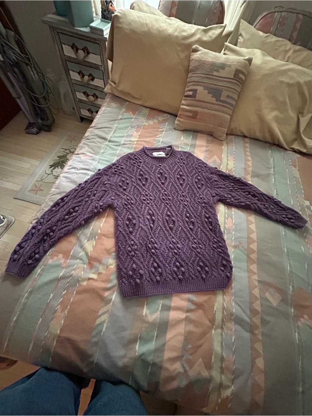 Classic Purple Cable Hand Knit Women's Sweater Ramie and Cotton XL